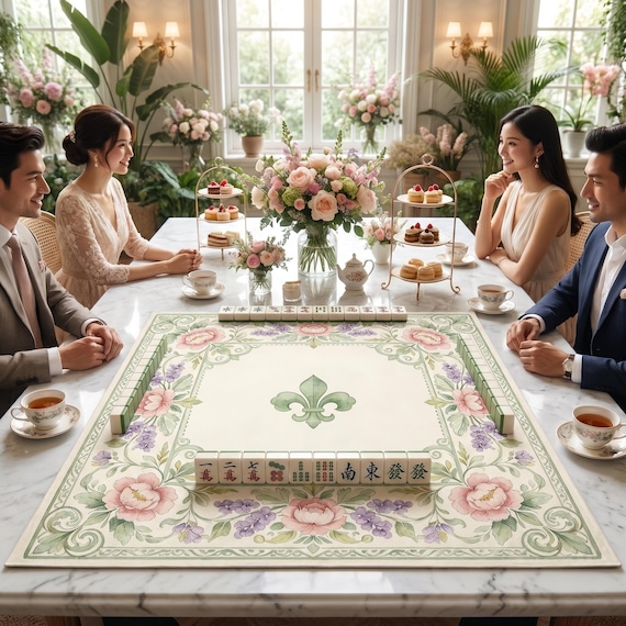 French Vintage Floral Mahjong Table Mat, Anti-Slip Silent Rubber Backed Playmat, Noise-Reducing Tile Game Pad, Iris Rose Decor