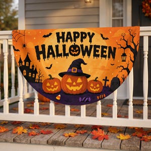 ハロウィンファンフラッグバナー両面プリーツハーフサークルポーチフェンス装飾、防水100Dポリエステル、パンプキン魔女お化けゴールドトリム