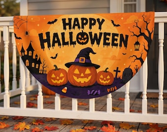 Halloween Fan Flag Banner Double Sided Pleated Half Circle Porch Fence Decor, Waterproof 100D Polyester, Pumpkin Witch Haunted Gold Trim