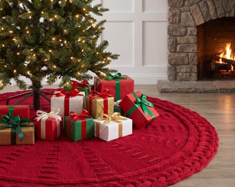 Gonna per albero di Natale classica in maglia a trecce rosse, gonna per albero in maglia spessa, decorazione natalizia vintage in stile rustico, copertura per la base dell'albero di Natale