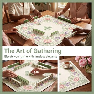 French Vintage Floral Mahjong Table Mat, Anti-Slip Silent Rubber Backed Playmat, Noise-Reducing Tile Game Pad, Iris Rose Decor image 3