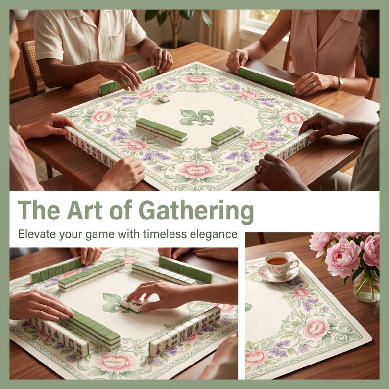 French Vintage Floral Mahjong Table Mat, Anti-Slip Silent Rubber Backed Playmat, Noise-Reducing Tile Game Pad, Iris Rose Decor image 3