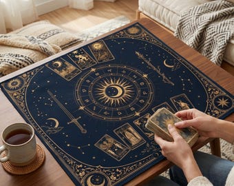 Könnte beinhalten: Ein quadratisches, marineblaues Altartuch mit goldfarbenen Illustrationen zu Tarot und Himmelskörpern, darunter ein zentrales Tierkreisrad mit Sonnen- und Mondmotiv, umgeben von verschiedenen Tarotkarten-Designs, Sternen und einer Schwertgrafik.