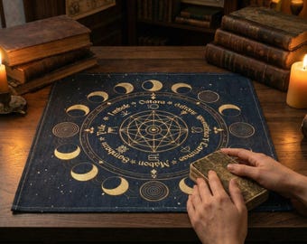 Könnte beinhalten: Ein quadratisches, dunkelblaues Altartuch aus Stoff mit einem goldfarbenen, kreisförmigen Aufdruck von Mondphasen, geometrischen Mustern und den Wörtern Imbolc, Ostara, Beltane, Litha, Lughnasadh, Mabon, Samhain und Yule im Kreis.