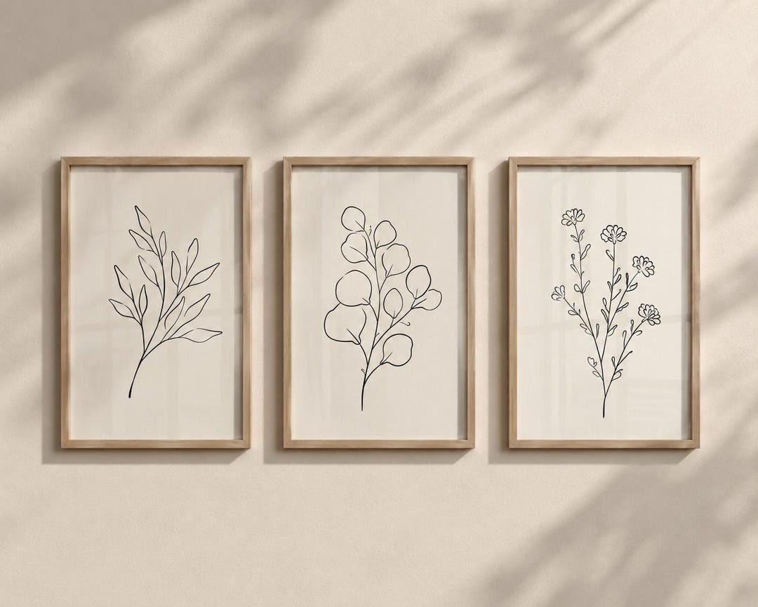 Set of 3 Minimalist Botanical Line Art Prints, Scandinavian Gallery ...