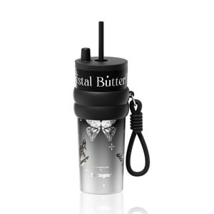 May include: A black and silver gradient tumbler featuring a black lid with a straw and a black rope wrist strap. The tumbler displays the text Crystal Butterfly, butterfly graphics, and the text Made with love by Sidagar in white lettering.
