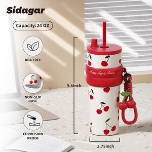 May include: A white tumbler with a red cherry pattern, a red lid, and a red straw. It features a red silicone band with the text Happy Supply Chain and a red cherry keychain. The tumbler is 9.6 inches tall, 2.75 inches wide, and holds 24 oz.
