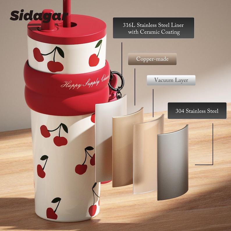 May include: A white tumbler with a red cherry pattern, a red lid, and a straw. The text Sidagar and Happy Supply Chain are visible. An exploded view diagram shows four layers: 316L stainless steel liner with ceramic coating, copper, vacuum layer, and 304 stainless steel.