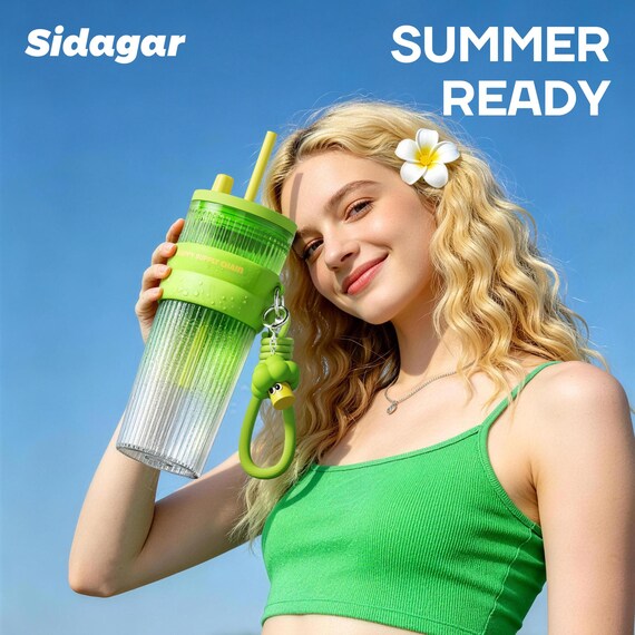 Sidagar 24 oz Tritan Plastic Water Bottle, BPA-Free Leakproof Coffee Cup with Strap & Charm