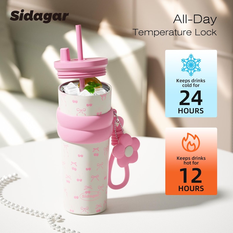 Sidagar Insulated Water Bottle: 24oz Coffee Mug For Women, Leak-Proof Temubler Straw Lid image 18