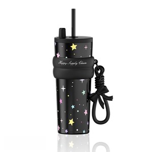 May include: A black tumbler featuring a pattern of colorful pastel stars and dots, a black lid with a straw, and a black silicone sleeve printed with the text Happy Supply Chain. A black cord with a decorative bow is attached to the side of the sleeve.