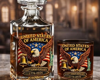 U.S. 250th Anniversary Personalized Whiskey Decanter Set, Custom Name Commemorative Bottle & Glass, Patriotic 1776–2026 Gift for Men