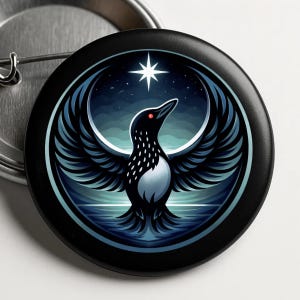 May include: A black button pin featuring a stylized illustration of a bird with outstretched wings. The bird has a white chest, black feathers, and red eyes. The background depicts a night sky with a star and a crescent moon.