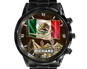 Eagle Flag Mexican Classic Stainless Steel Watch, Personalized Mexican Eagle Watch for Men, Proud Mexico Heritage Timepiece, Gift for Dad