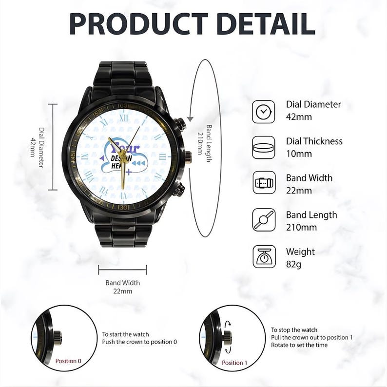 Puede incluir: Reloj de pulsera negro con esfera blanca y n&uacute;meros romanos. El di&aacute;metro de la esfera es de 42 mm, el grosor de 10 mm, el ancho de la correa de 22 mm y la longitud de 210 mm. El reloj pesa 82 g. La esfera tiene el texto "Your Design Here".