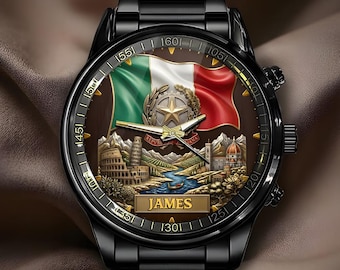 Italian Heritage Watch - Personalized Custom Name Italy Flag Crest Watch, Gift for Him Her, Birthday Anniversary Travel Gift