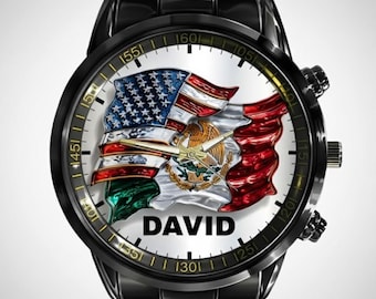 Mexican & United States Flag Classic Stainless Steel Watch, Personalized Dual Flag Watch for Men, Proud Heritage Timepiece, Gift for Dad