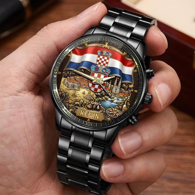 Może przedstawiać: Czarny zegarek na rękę ze szczeg&oacute;łową tarczą przedstawiającą chorwacką flagę i krajobraz. Zegarek ma czarną metalową bransoletę, a na tarczy widnieje napis "KEVIN". Zegarek jest trzymany w dłoni.