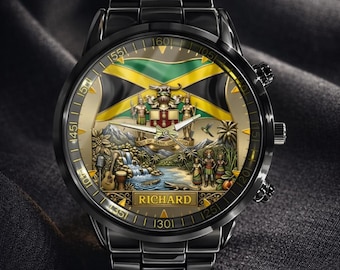 Personalized Jamaica Heritage Watch, Custom American Pride Wristwatch, Custom Jamaica Flag Emblem Timepiece, Unique Gift for Jamaican Men