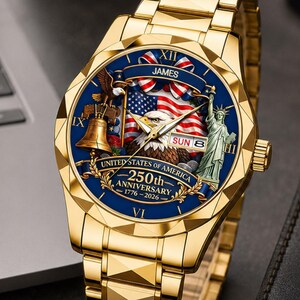 Personalized United States 250th Anniversary Watch, Custom American Pride Men's Metal Watch, 1776-2026 Patriotic Gift for Him image 4