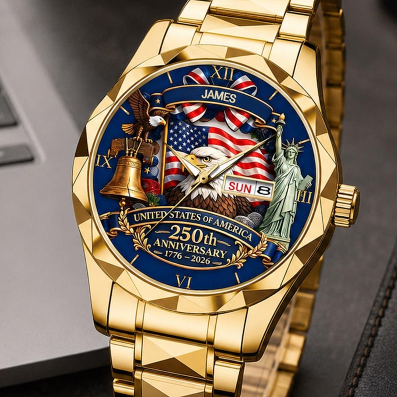 Personalized United States 250th Anniversary Watch, Custom American Pride Men's Metal Watch, 1776-2026 Patriotic Gift for Him image 4