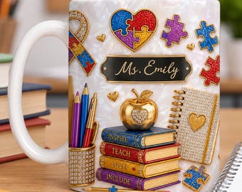 Personalized Teacher Mug, Inspire Teach Love Include Coffee Cup, Custom Name Teacher Gift, Autism Awareness Teacher Appreciation Gift