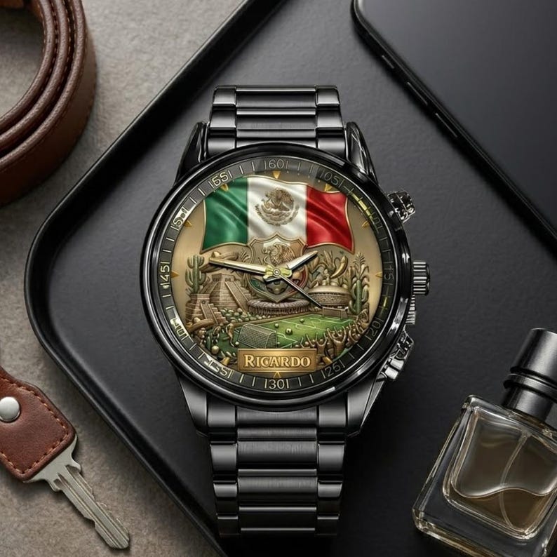 May include: Black wristwatch with a metallic strap and a round face displaying the Mexican flag and a detailed emblem. The watch face includes the name "RICARDO" and the number "1301".