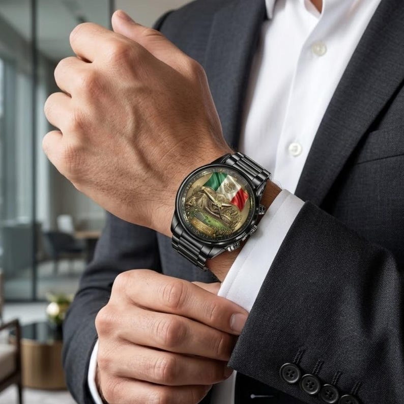 May include: A black wristwatch with a detailed face featuring the Mexican flag and a historical scene. The watch has a black metal band and is worn on a wrist, with a suit jacket and white shirt in the background.