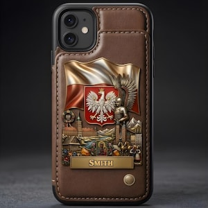 May include: Brown leather phone case with a Polish flag design. The case features a gold-colored emblem of a Polish eagle, a knight, and a banner that reads "SMITH". The case has a card slot on the back and a button.