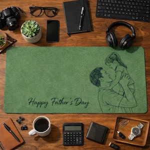 May include: A green desk mat with the text "Happy Father's Day" and a sketch of a father holding his child. The mat is surrounded by office supplies, including a camera, glasses, a phone, and a cup of coffee.