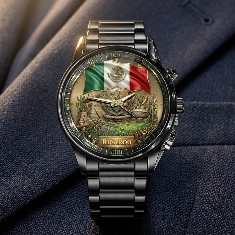 May include: A black wristwatch with a detailed face featuring the Mexican flag, a green and red design, and a gold-colored emblem. The watch has a black metal band and the name "Ricardo" is visible on the watch face.