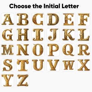 K&ouml;nnte beinhalten: Eine Sammlung goldfarbener, verzierter Gro&szlig;buchstaben des Alphabets, jeweils auf einem wei&szlig;en Quadrat. Der Text "Choose the Initial Letter" steht oben. Die Buchstaben sind in einer Serifenschrift mit dekorativen Verzierungen.