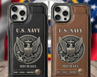 Personalized U.S. Navy Wallet Phone Case, Custom Name Military Leather Case for Veteran, Honor Courage Commitment Gift