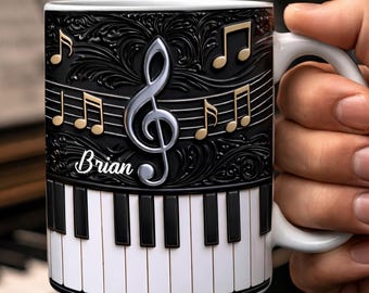 Taza de cerámica con nota musical personalizada y nombre, ideal como regalo para músicos y profesores de música, recuerdo de concierto de cumpleaños.