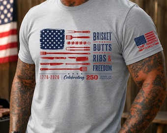 Brisket Butts Ribs & Freedom BBQ Shirt, Personalized American Flag Grilling Tee, Custom Family Name BBQ Gift for Dad, Patriotic Shirt