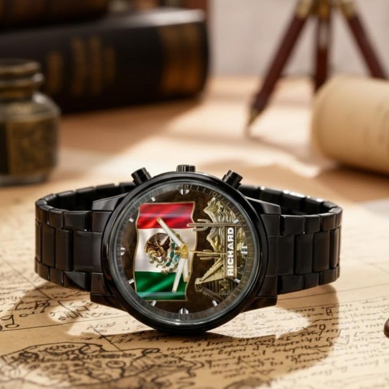 May include: A black wristwatch with a metal band. The watch face features the Mexican flag and the word "RICHARD". The watch is displayed on a map.