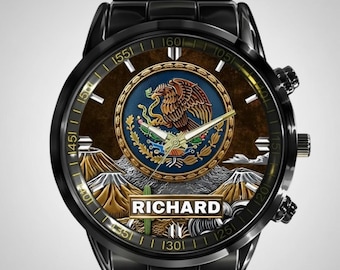 Eagle with Snake Mexican Classic Stainless Steel Watch, Personalized Mexican Emblem Watch for Men, Proud Mexico Heritage Watch