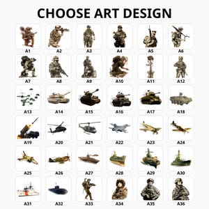 Puede incluir: Una cuadr&iacute;cula de 36 im&aacute;genes peque&ntilde;as con temas militares. Las im&aacute;genes incluyen soldados, tanques, helic&oacute;pteros, aviones y barcos. El texto en la parte superior dice "CHOOSE ART DESIGN". Cada imagen est&aacute; etiquetada con una combinaci&oacute;n de letra y n&uacute;mero.