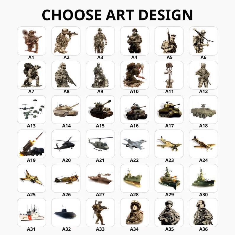 Puede incluir: Una cuadr&iacute;cula de 36 im&aacute;genes peque&ntilde;as con temas militares. Las im&aacute;genes incluyen soldados, tanques, helic&oacute;pteros, aviones y barcos. El texto en la parte superior dice "CHOOSE ART DESIGN". Cada imagen est&aacute; etiquetada con una combinaci&oacute;n de letra y n&uacute;mero.