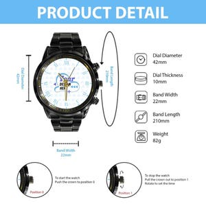 May include: Black wristwatch with a white face and gold accents. The watch has a 42mm dial diameter, 22mm band width, and 210mm band length. The watch weighs 82g. The text "PRODUCT DETAIL" is at the top of the image.