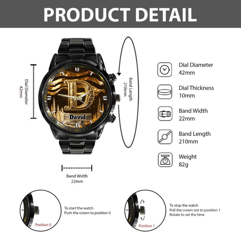 K&ouml;nnte beinhalten: Schwarze Armbanduhr mit goldenem Zifferblatt mit dem Namen "David" und einem stilisierten Buchstaben "D". Die Uhr hat einen Zifferblattdurchmesser von 42 mm, eine Dicke von 10 mm, eine Bandbreite von 22 mm und wiegt 82 g.
