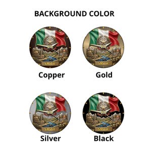 Pu&ograve; includere: Quattro disegni rotondi in metallo con una bandiera italiana, una stella e un aereo. I disegni sono etichettati come "Rame", "Oro", "Argento" e "Nero". La parola "SMITH" &egrave; stampata su ogni disegno.