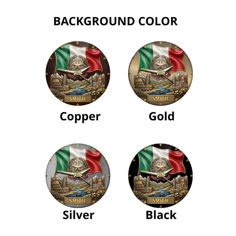Pu&ograve; includere: Quattro disegni rotondi in metallo con una bandiera italiana, una stella e un aereo. I disegni sono etichettati come "Rame", "Oro", "Argento" e "Nero". La parola "SMITH" &egrave; stampata su ogni disegno.