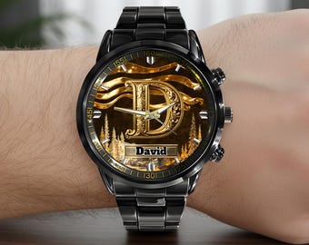 Personalized Initial Name Watch, Metal Dial Pattern Custom Timepiece, Unique Gift For Husband, Father’s Day
