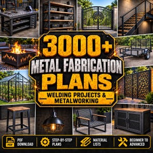 Puede incluir: Una colección digital de más de 3000 planos de fabricación metálica para proyectos de soldadura y metalurgia. La imagen muestra varias estructuras metálicas, incluyendo un banco de trabajo, estanterías, puertas, escaleras, un brasero, un remolque, un invernadero, un taburete, una lámpara, una silla y un armario.
