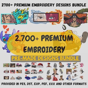 Op de afbeelding: Een digitale collectie van 2700+ premium borduurontwerpen met diverse anime-personages, sportwagens en popcultuuriconen. De bundel bevat meerdere bestandsformaten zoals PES, DST, EXP, PEF en XXX voor machineborduurwerk.