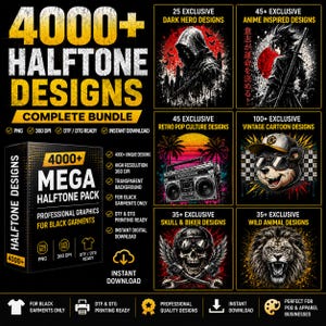Op de afbeelding: Een digitaal productpakket getiteld 4000+ Halftone Designs Complete Bundle, met een zwarte doos met witte tekst en zes grafische panelen met ontwerpen van duistere helden, anime, retro popcultuur, vintage cartoons, schedels en wilde dieren.
