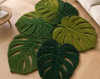 Tapete tufado botânico com estampa de folha de Monstera | Tapete verde para sala de estar com formato orgânico inspirado na natureza tropical