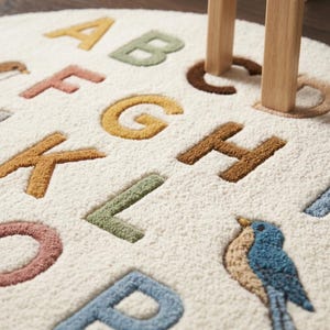 May include: A round, cream-coloured tufted rug featuring the alphabet in various muted colours including yellow, green, brown, and blue. The rug surface has a textured, plush pile and includes a small, detailed illustration of a blue bird.