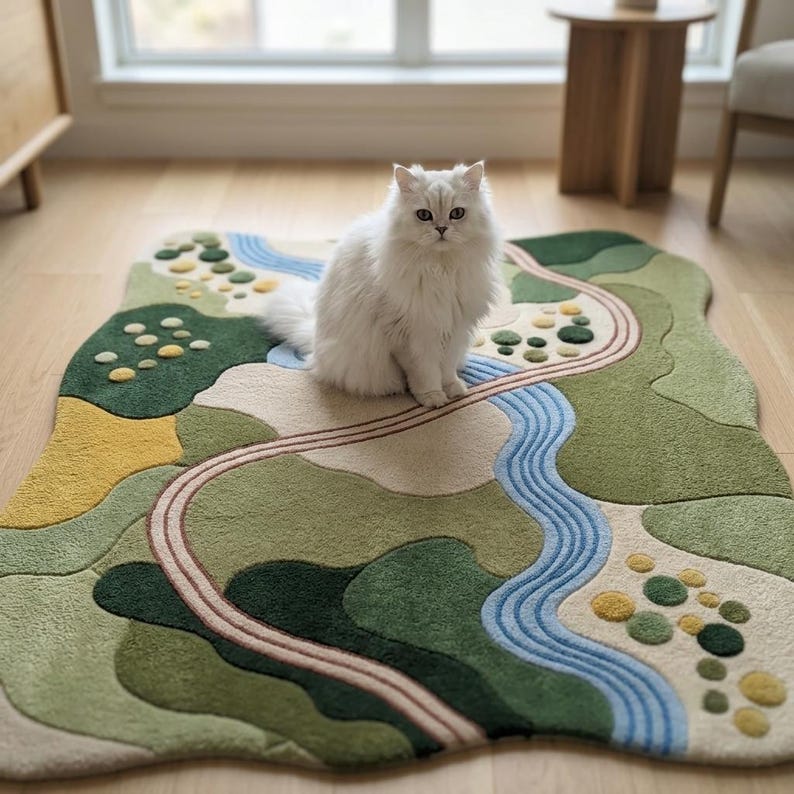 Op de afbeelding: Een getuft vloerkleed met een abstract landschapsontwerp met organische vormen in tinten groen, geel, cr&egrave;me en blauw. Het kleed toont een kronkelend pad en een stromend rivierpatroon met textuurrijke cirkelvormige accenten op het oppervlak.